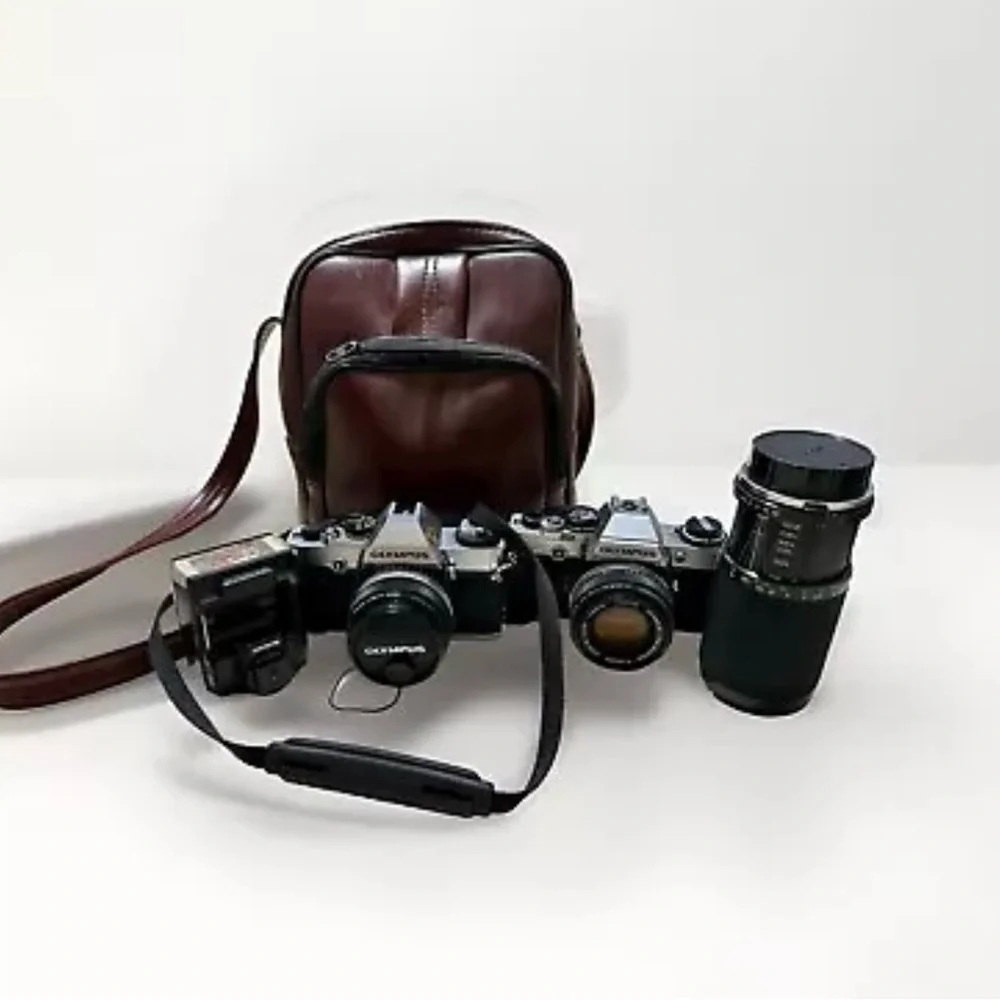 Vintage Olympus OMG & OM-10 Film Camera Collection w/ External Flash, Lens, Bag